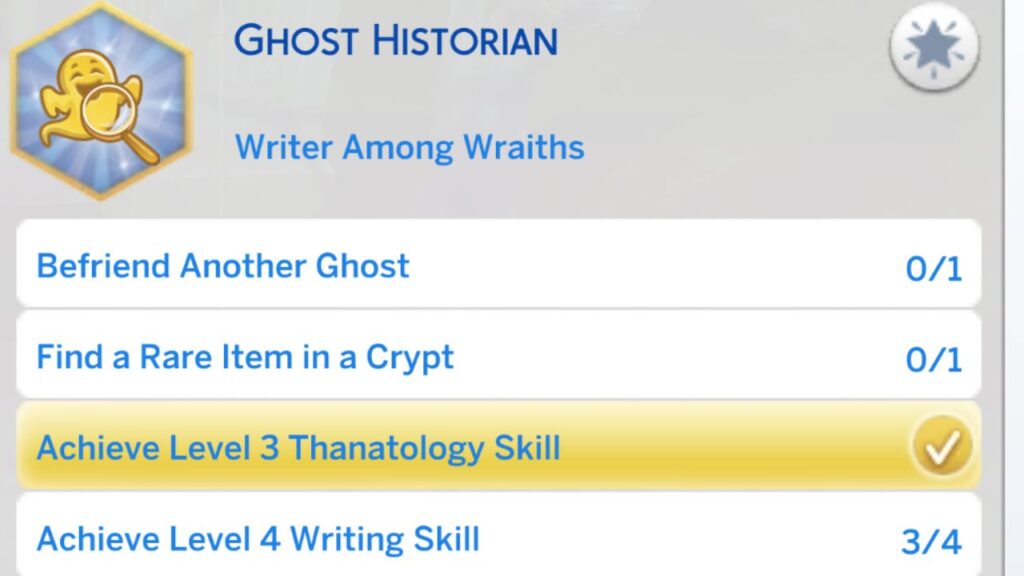A screenshot from The Sims 4 of the second stage of the ghost historian aspiration