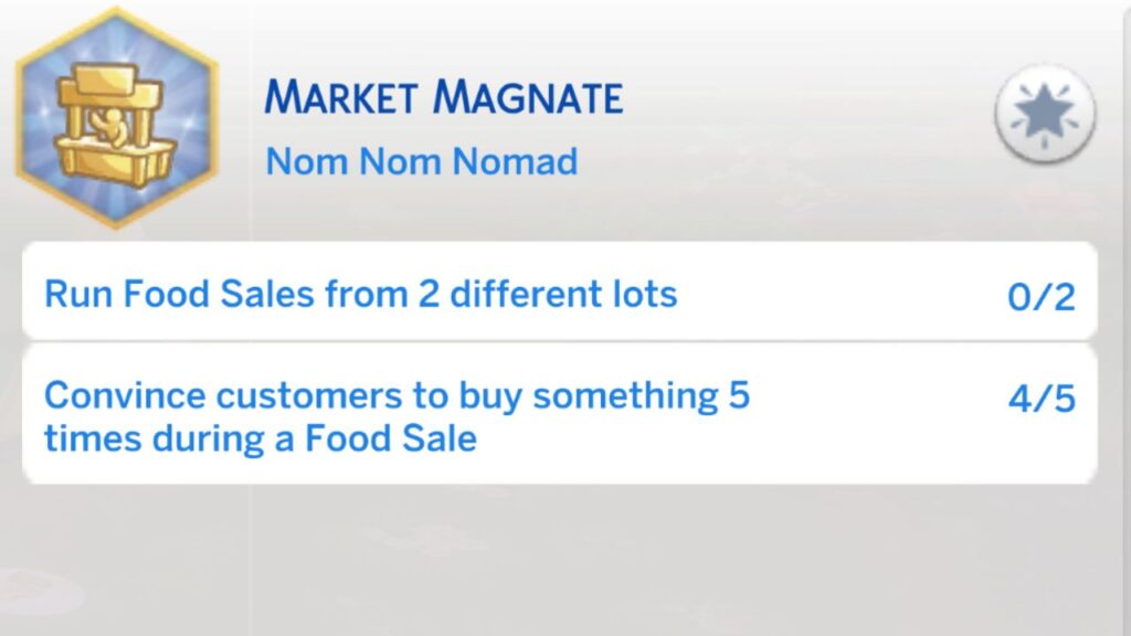 A screenshot from The Sims 4 showing the second stage of the market magnate aspiration