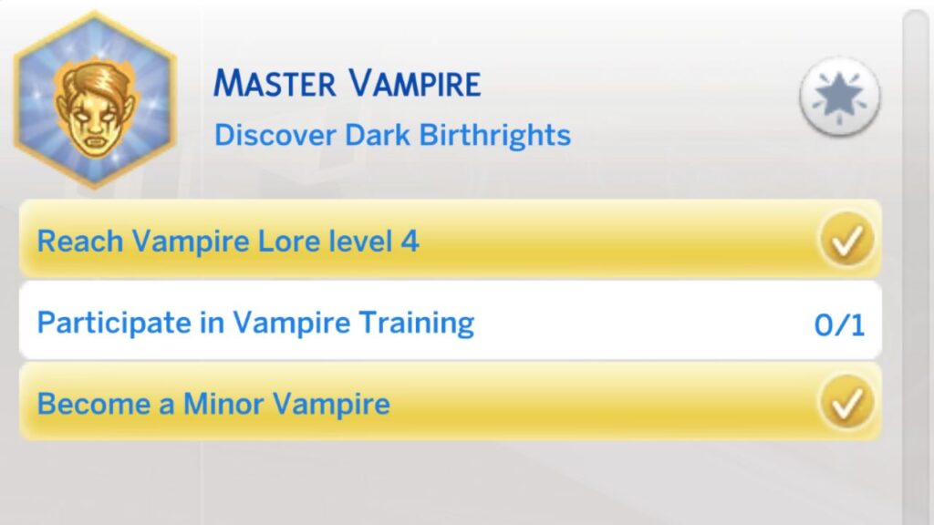 A screenshot from The Sims 4 showing the second stage of the master vampire aspiration 