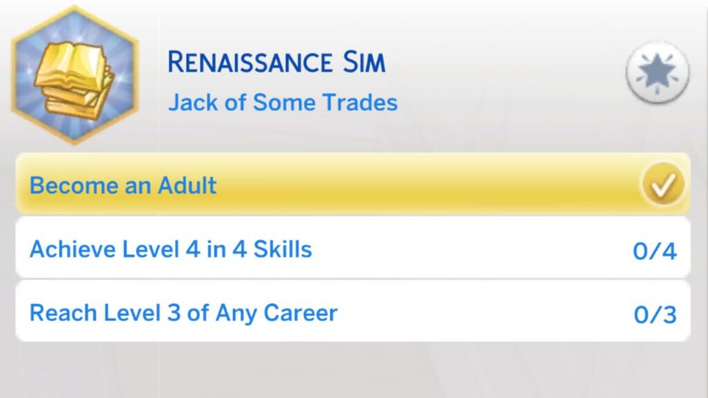 A screenshot from The Sims 4 showing the second stage of the renaissance sim aspiration