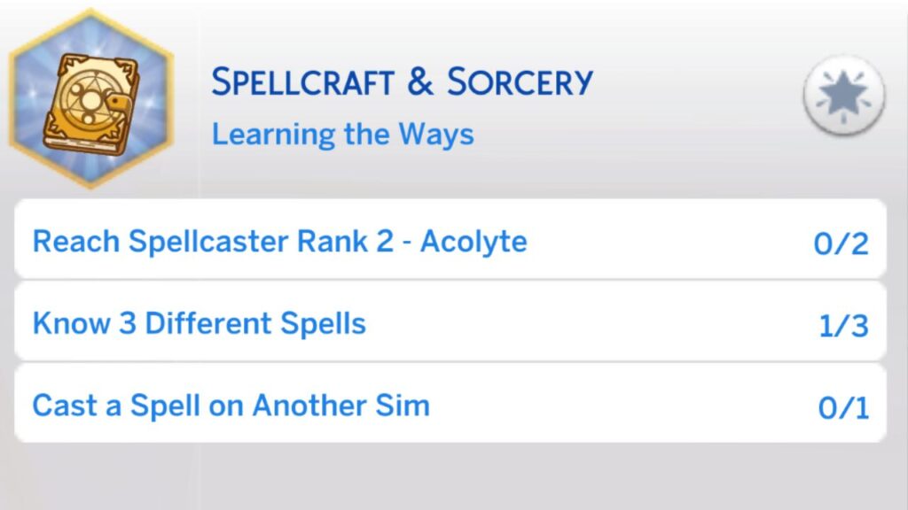 A screenshot from The Sims 4 showing the second stage of the spellcraft & sorcery aspiration