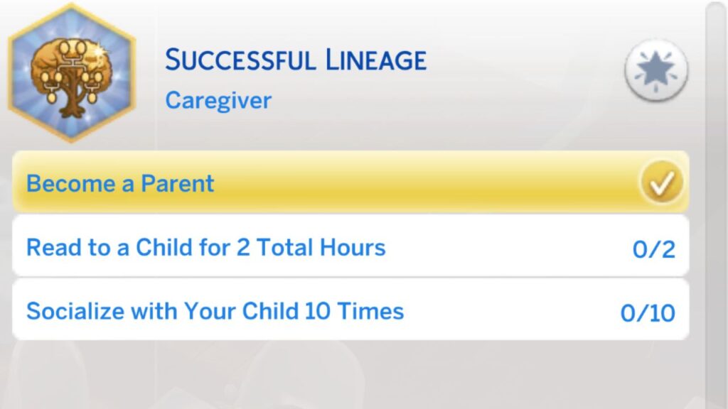 A screenshot from The Sims 4 showing the second stage of the successful lineage aspiration