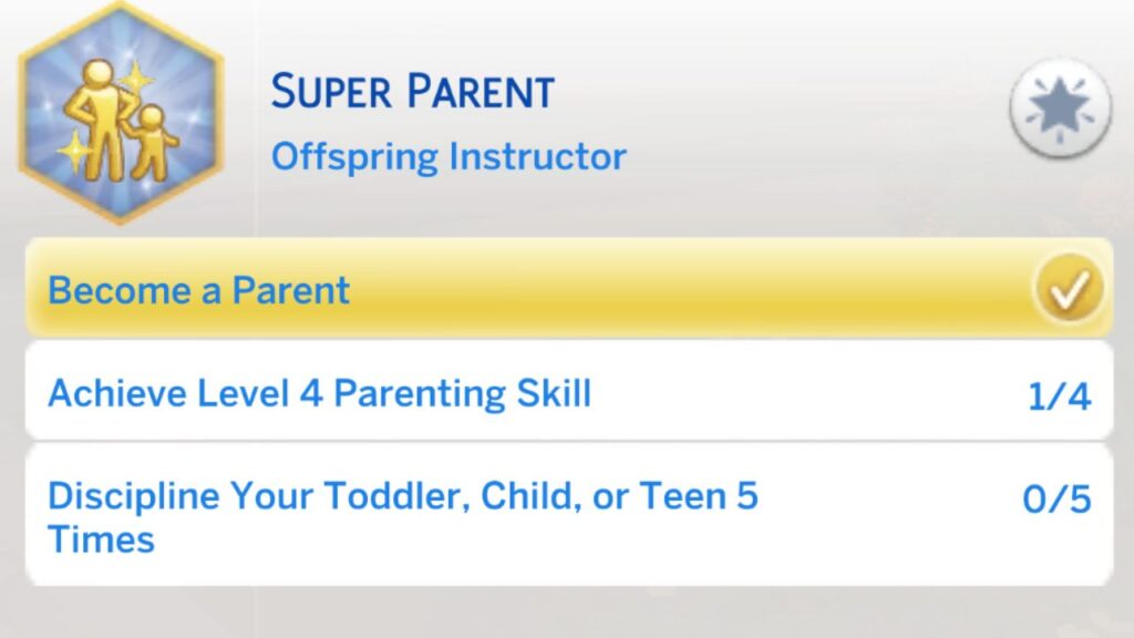 A screenshot from The Sims 4 showing the second stage of the super parent aspiration