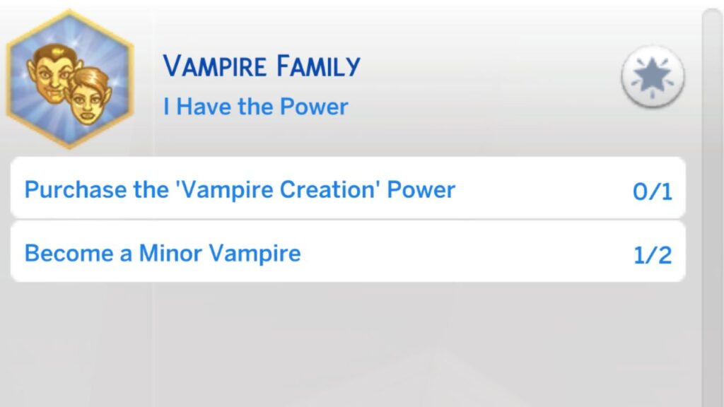 A screenshot from The Sims 4 showing the second stage of the vampire family aspiration