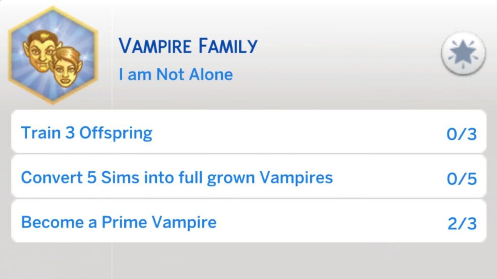 A screenshot from The Sims 4 showing the third stage of the vampire family aspiration