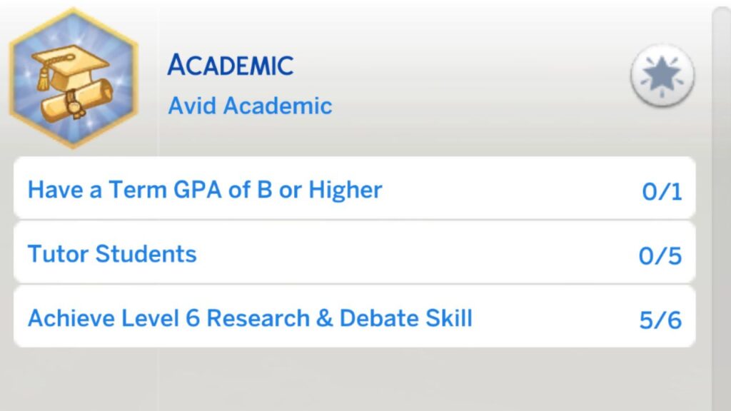 A screenshot from The Sims 4 of the third stage of the academic aspiration