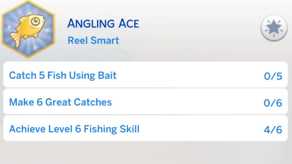 A screenshot from The Sims 4 showing the third stage of the angling ace aspiration