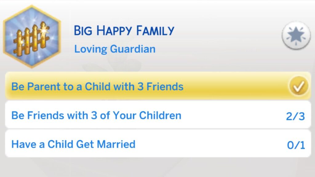 A screenshot from the sims 4 showing the third stage of the big happy family aspiration