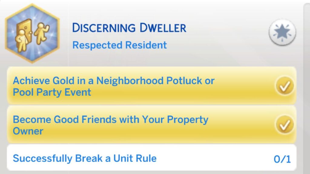 a screenshot from the sims 4 showing the third stage of the discerning dweller aspiration