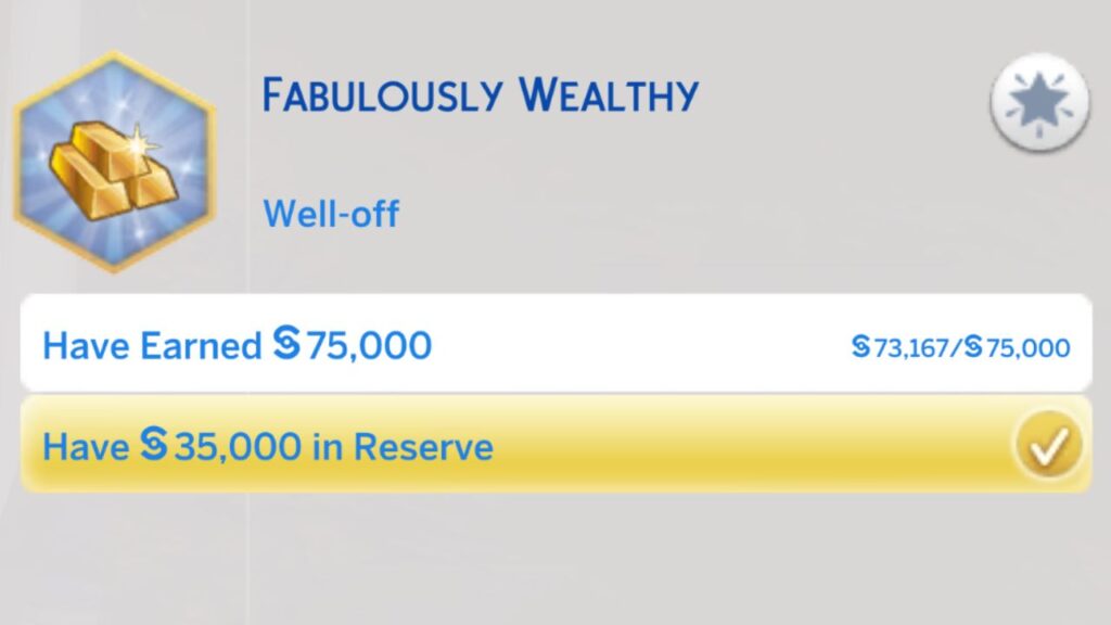 A screenshot from The Sims 4 showing the third stage of the fabulously wealth aspiration