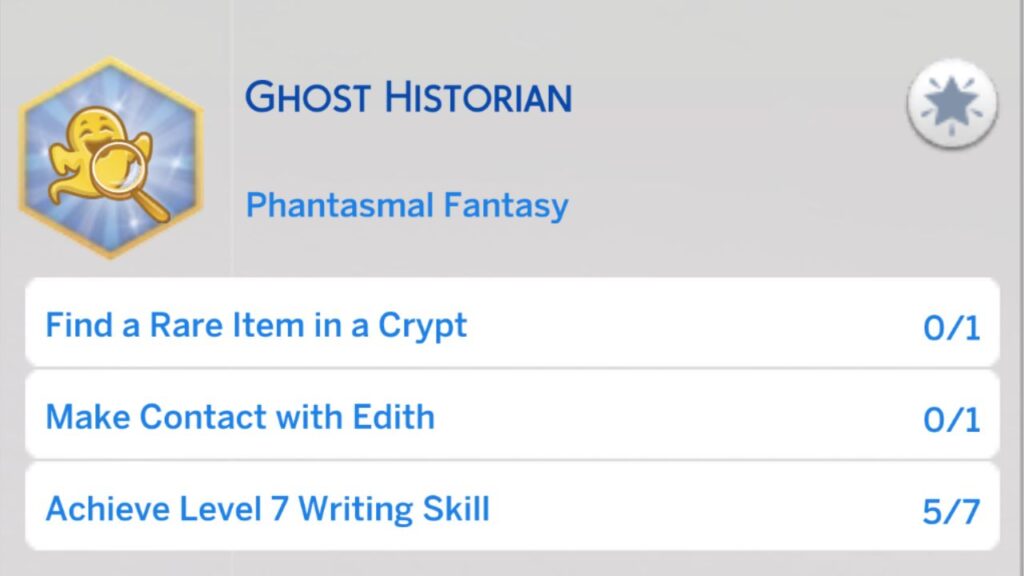 A screenshot from The Sims 4 showing the third stage of the ghost historian aspiration