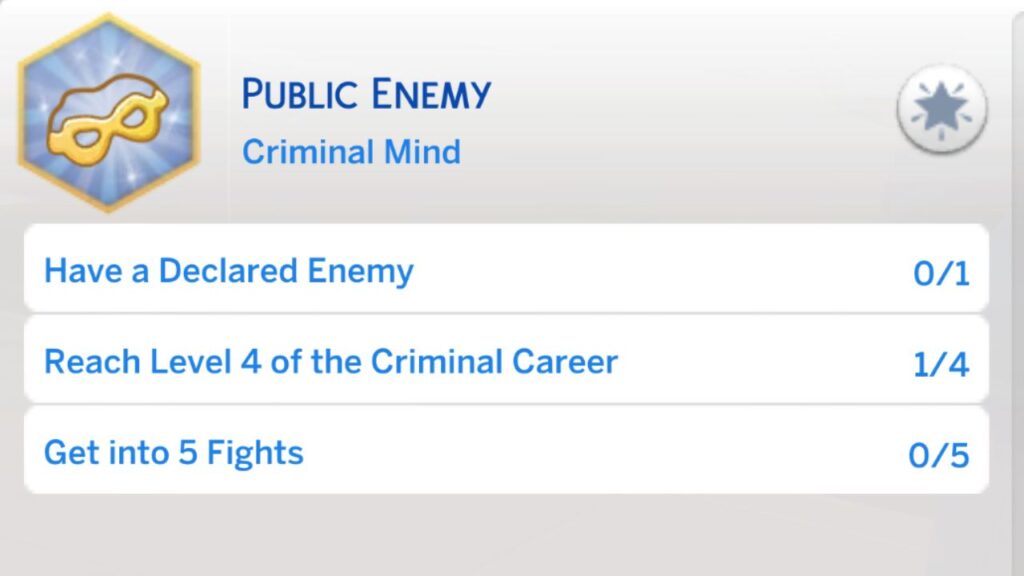 A screenshot from The Sims 4 of the third stage of the public enemy aspiration 