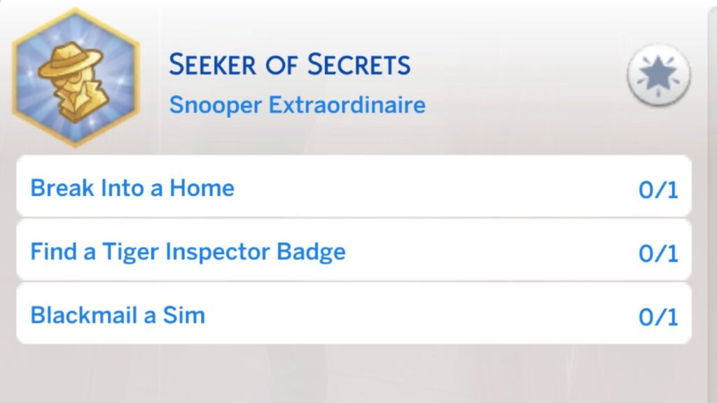 A screenshot from The Sims 4 showing the third stage of the seeker of the secrets aspiration