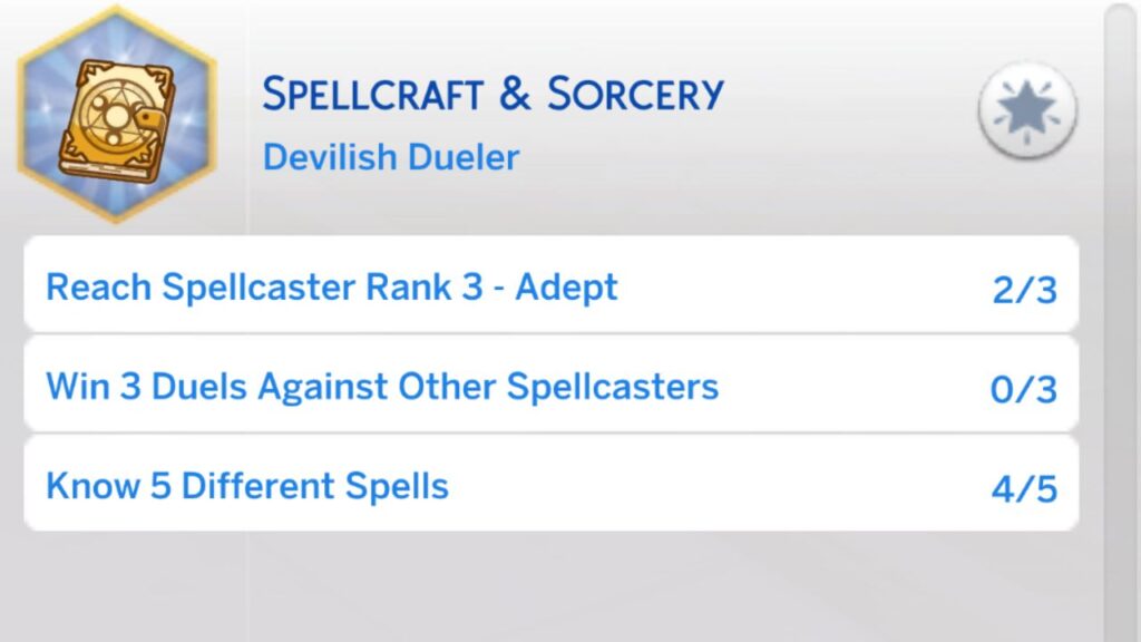 A screenshot from The Sims 4 showing the third stage of the spellcraft and sorcery aspiration