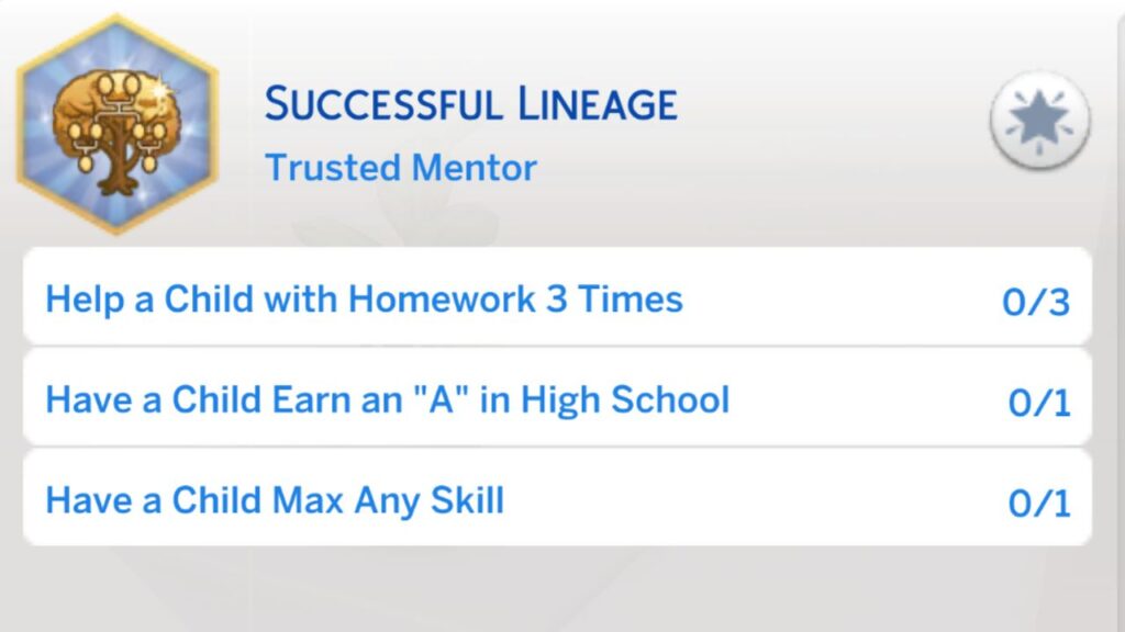 A screenshot from The Sims 4 showing the third level of the successful lineage aspiration