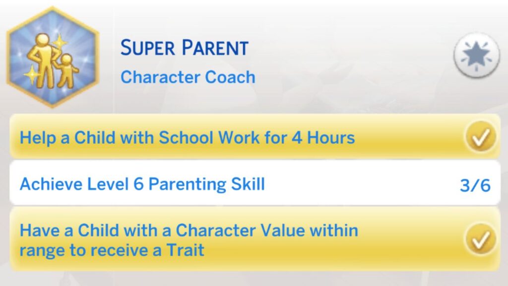 A screenshot from The Sims 4 showing the third stage of the super parent aspiration