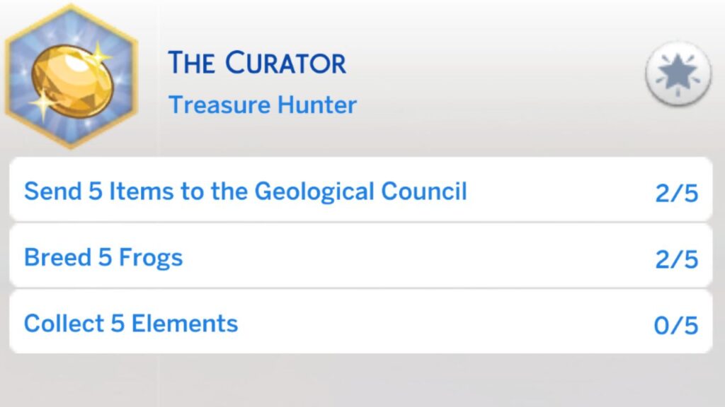 A screenshot from The Sims 4 showing the second stage of the curator aspiration