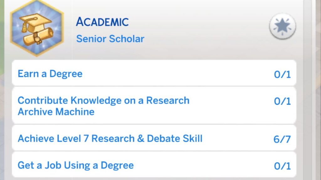 A screenshot from The Sims 4 showing the fourth stage of the academic aspiration