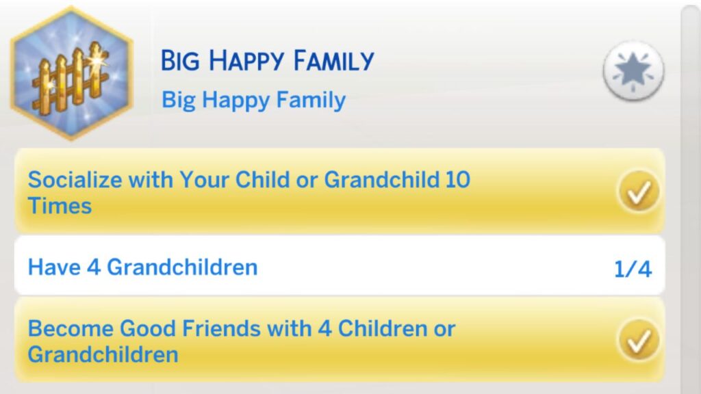A screenshot from The Sims 4 showing the fourth stage of the big happy family aspiration
