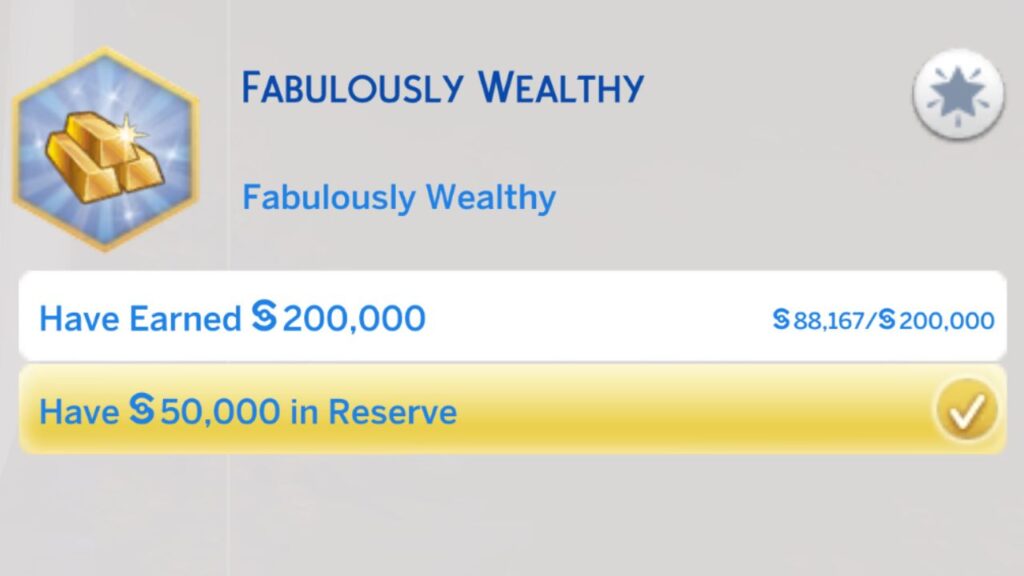 A screenshot from The Sims 4 showing the fourth stage of the fabulously wealthy aspiration
