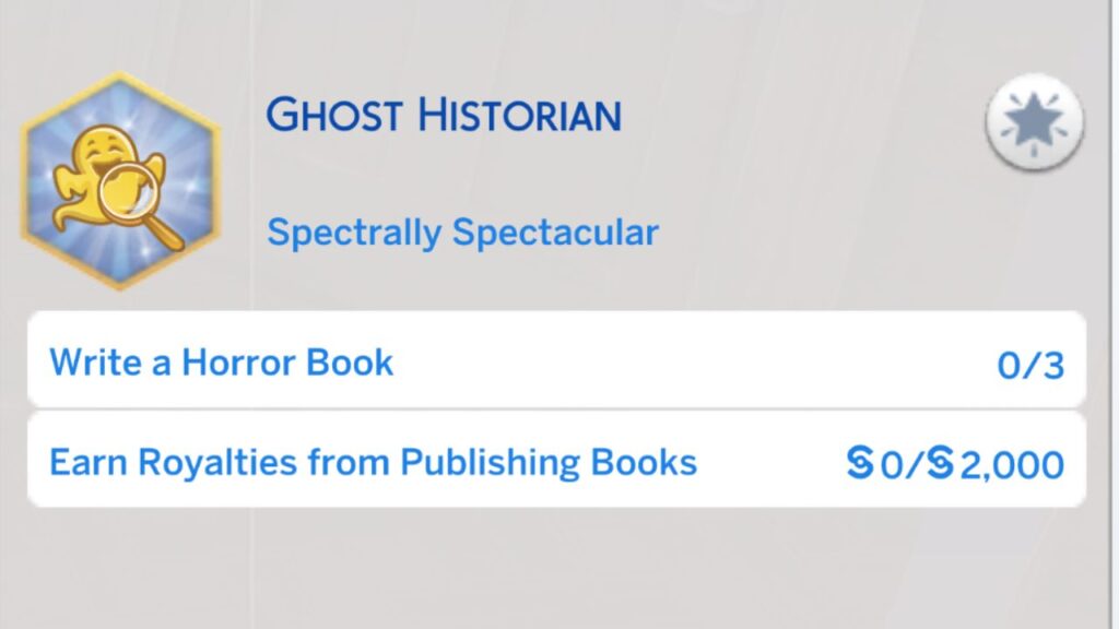 A screenshot from The Sims 4 showing the fourth level of the ghost historian aspiration