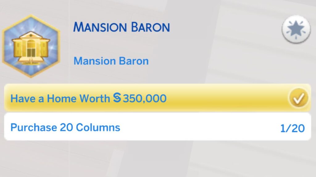A screenshot from The Sims 4 showing the fourth stage of the mansion baron aspiration