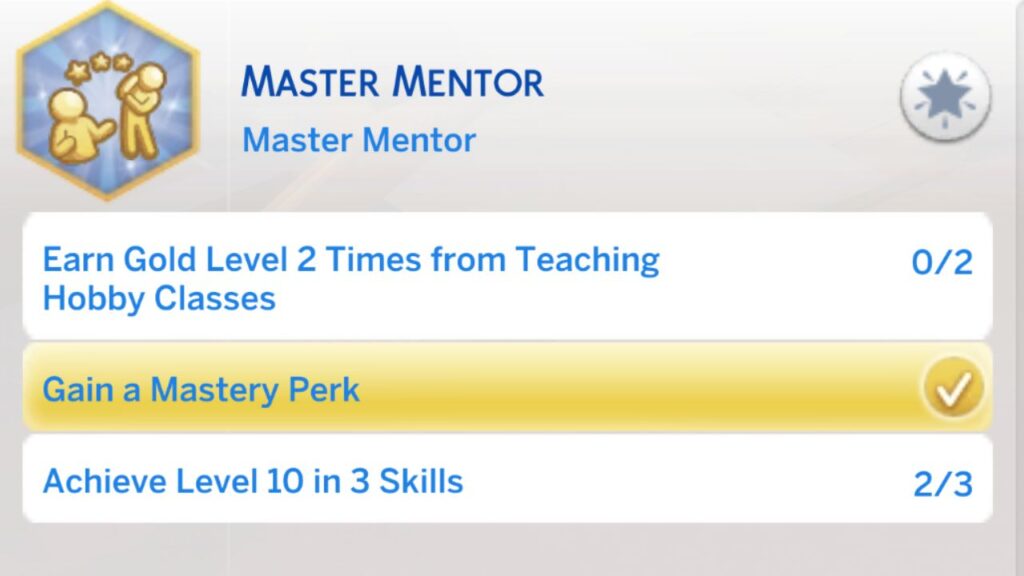 A screenshot from The Sims 4 showing the fourth stage of the master mentor aspiration