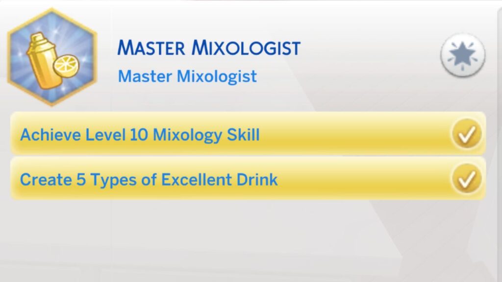 A screenshot from The Sims 4 showing stage four of the master mixologist aspiration
