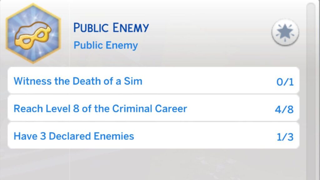 A screenshot from The Sims 4 of the fourth level of the public enemy aspiration 