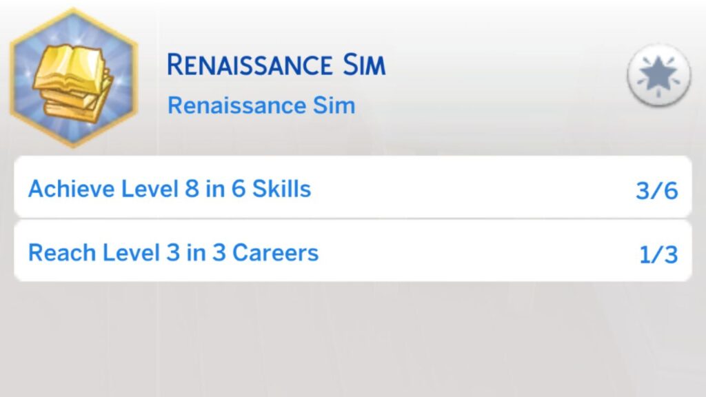 A screenshot from The Sims 4 showing the fourth stage of the renaissance sim aspiration