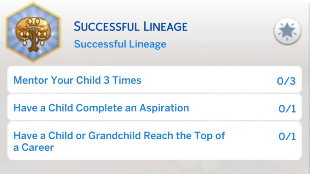A screenshot from The Sims 4 showing the fourth stage of the successful lineage aspiration