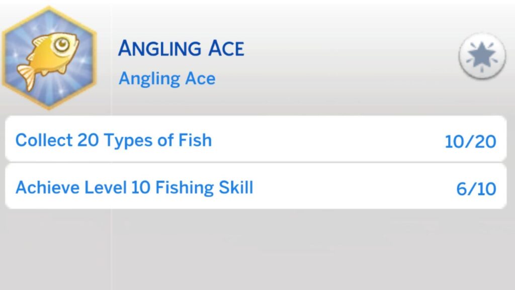A screenshot from The Sims 4 showing the fourth stage of the angling ace aspiration