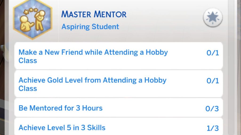 A screenshot from The Sims 4 showing the second stage of the master mentor aspiration