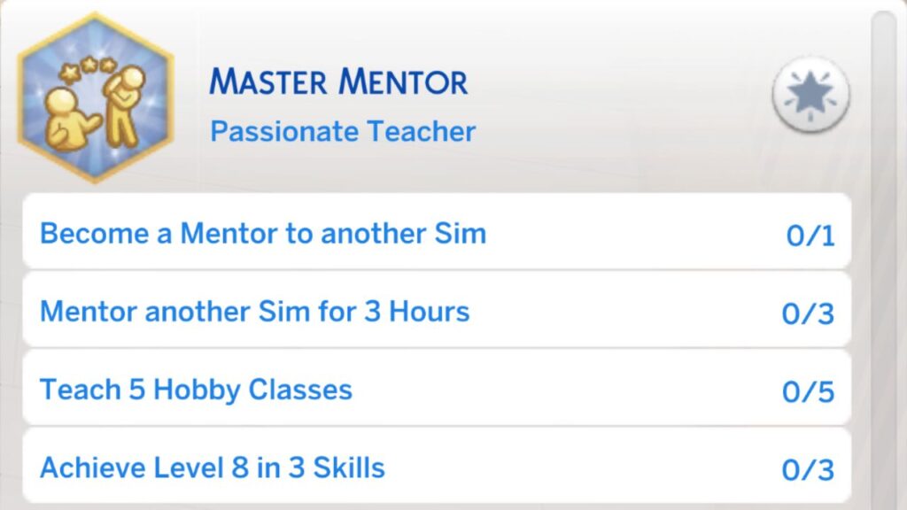 A screenshot from The Sims 4 showing the third stage of the master mentor aspiration