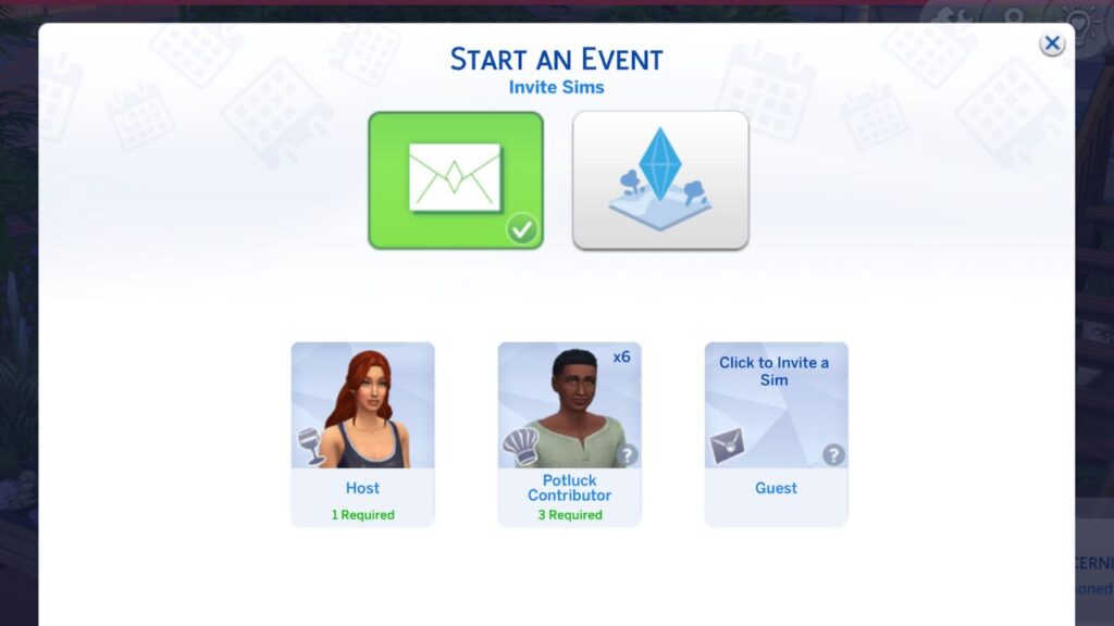 a screenshot from the sims 4 showing the event menu for a neighborhood potluck
