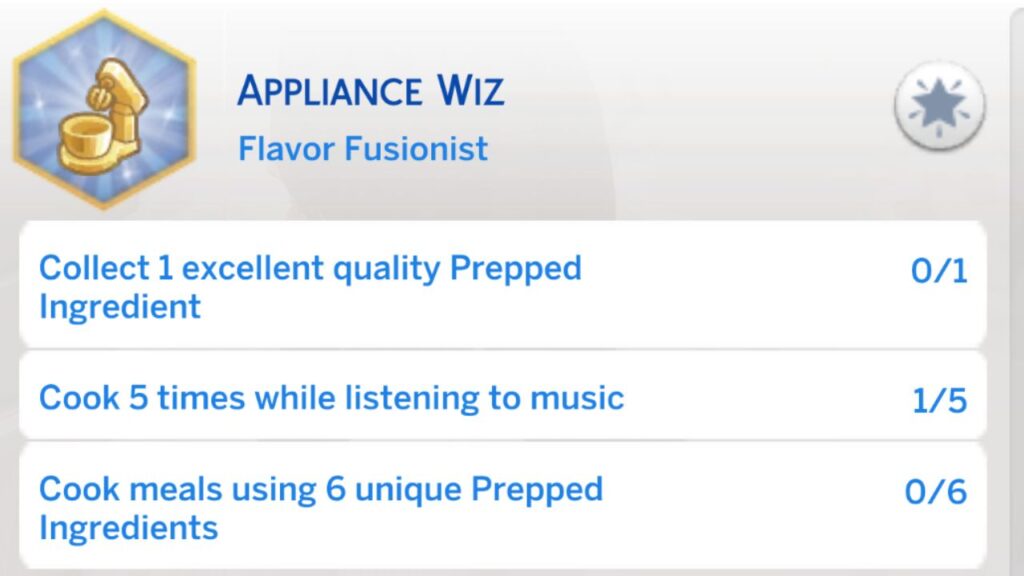 A screenshot from The Sims 4 showing the third stage of the appliance wiz aspiration