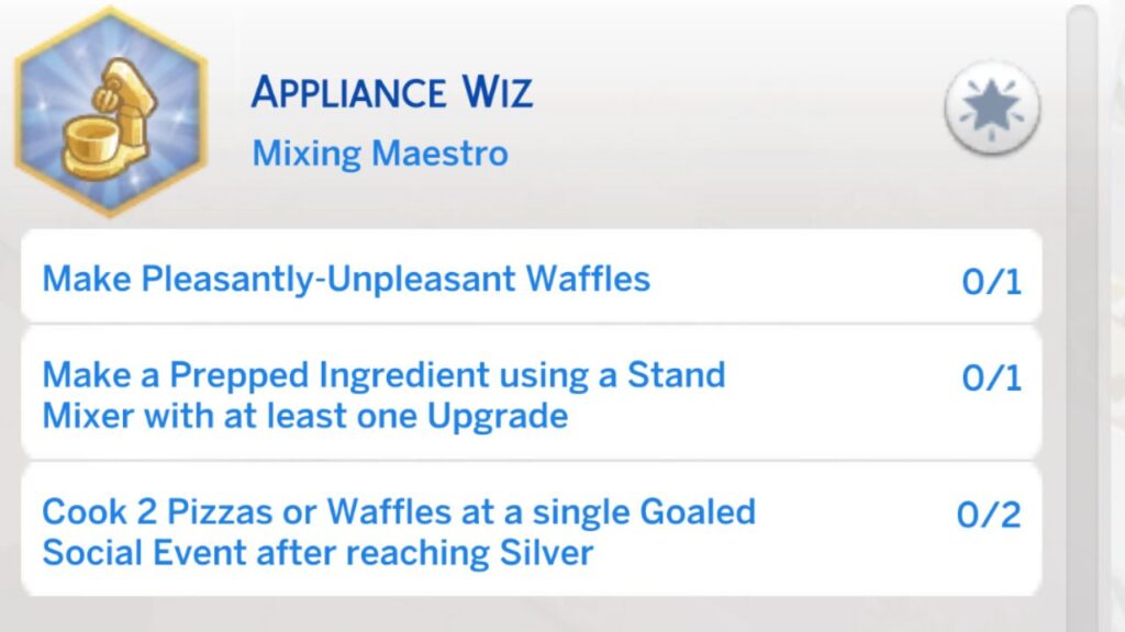 A screenshot from The Sims 4 showing the fourth stage of the appliance wiz aspiration