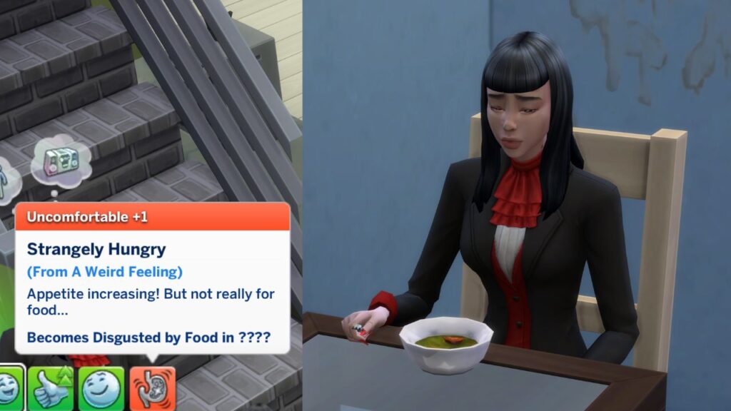 A screenshot from The Sims 4 showing the strangely hungry moodlet a sim gets when they are turning to a vampire