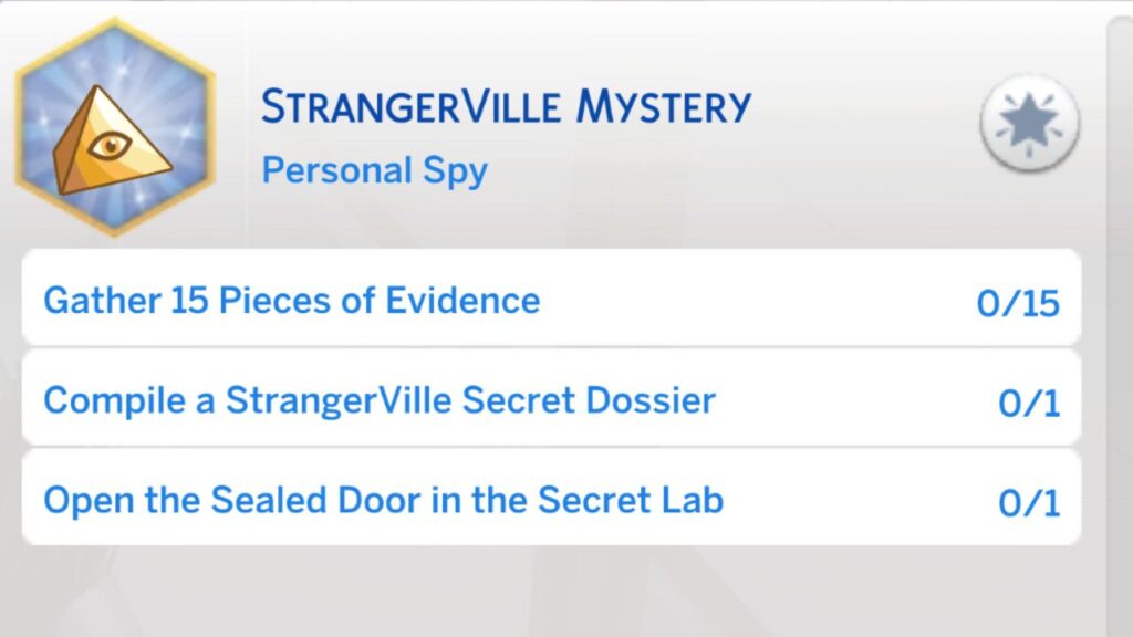 A screenshot from The Sims 4 showing the second stage of the Strangerville Mystery aspiration 
