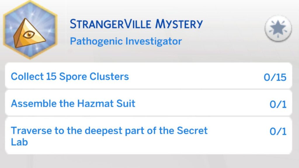 A screenshot from The Sims 4 showing the third stage of the Strangerville Mystery Aspiration 