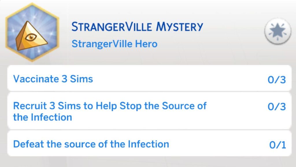 A screenshot from The Sims 4 showing the fourth stage of the strangerville mystery aspiration 