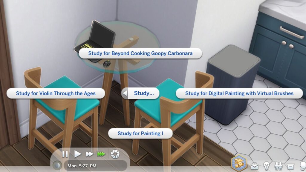 A screenshot from The Sims 4 showing how to study to get an A for the academic aspiration