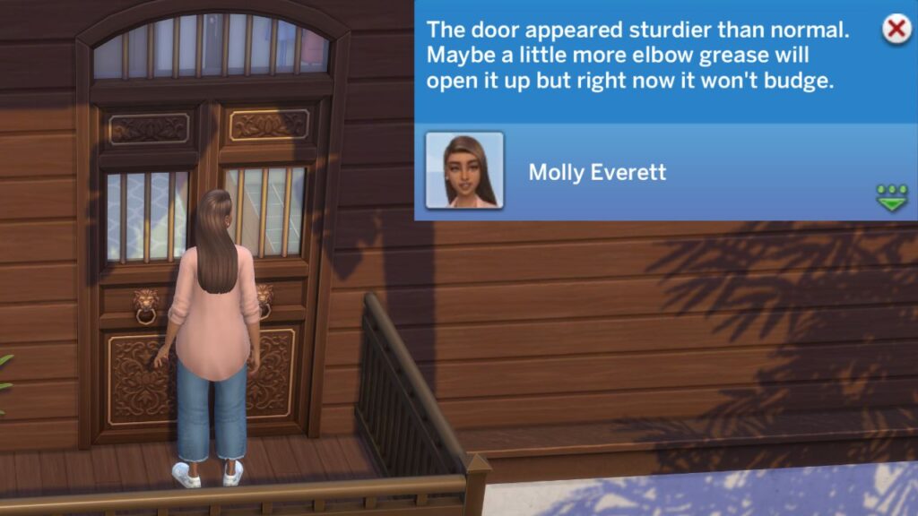 A Screenshot from The Sims 4 showing the notification you get when you can't break down a door 