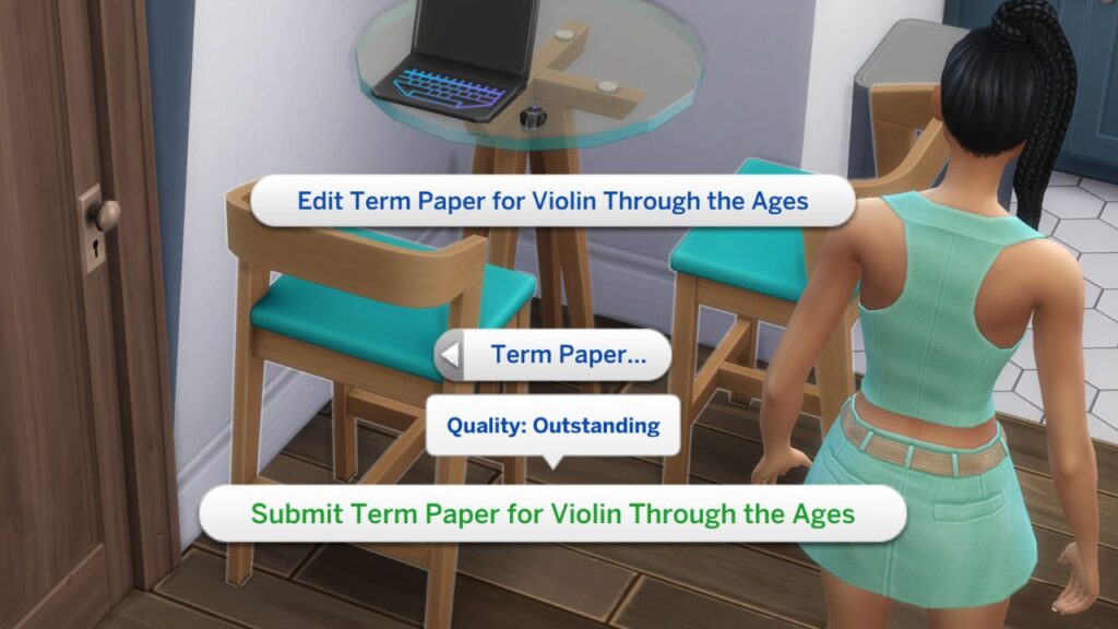A screenshot from The Sims 4 showing how to submit a term paper