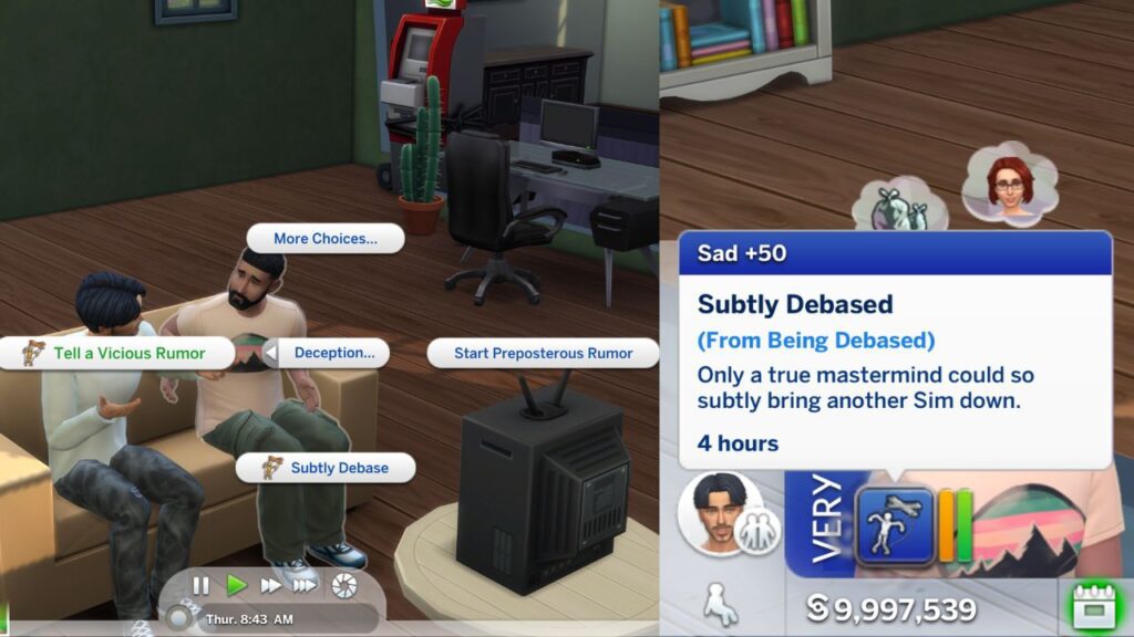 A screenshot from The Sims 4 showing the subtly debase interaction and the +50 sad moodlet you get. 