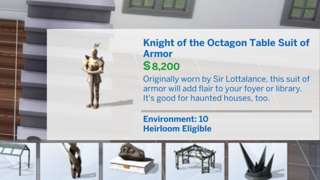 A screenshot from The Sims 4 showing a build mode catalog item for a suit of armor worth 8,200 simoleons