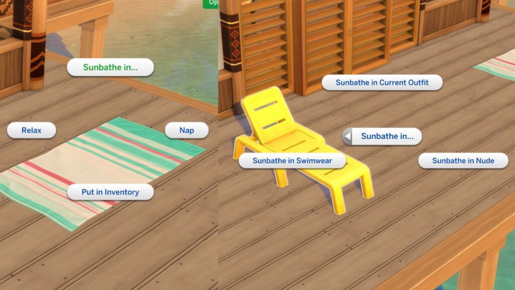 A screenshot from The Sims 4 showing the options to sunbathe on a towel or lounge chair