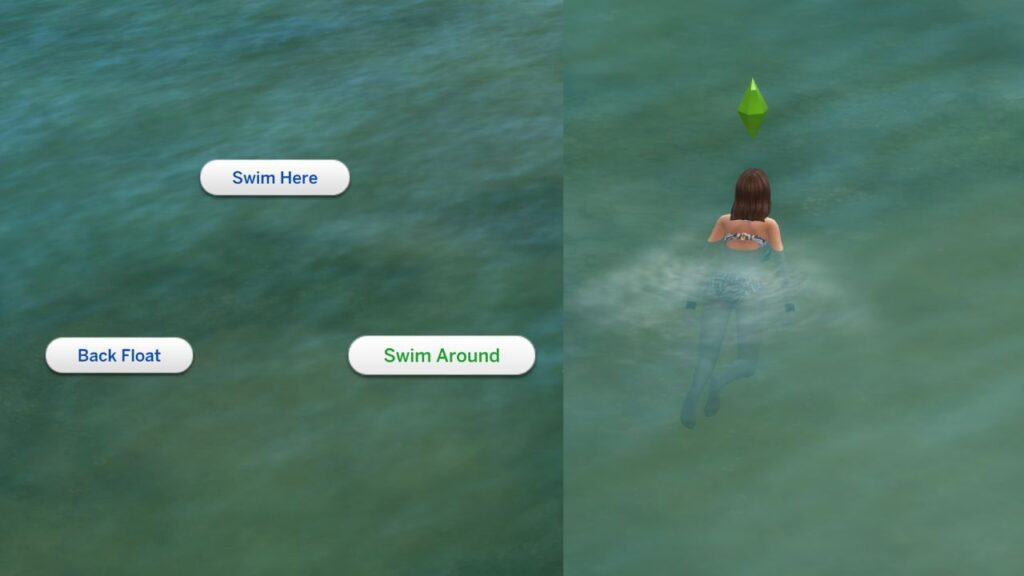A screenshot from The Sims 4 showing how to swim around in the Wakaba river