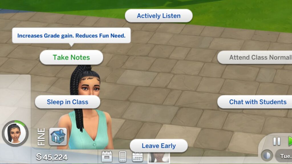 A screenshot from The Sims 4 showing a sim taking notes to increase grade gain