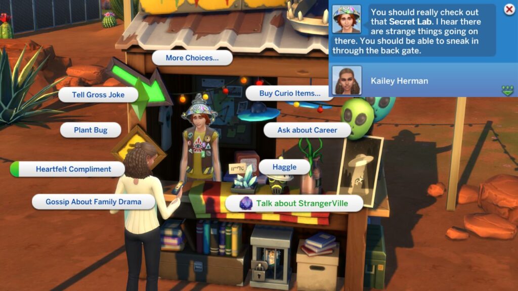 A screenshot from The Sims 4 showing the option to talk to sims about strangerville and the notification giving you more information